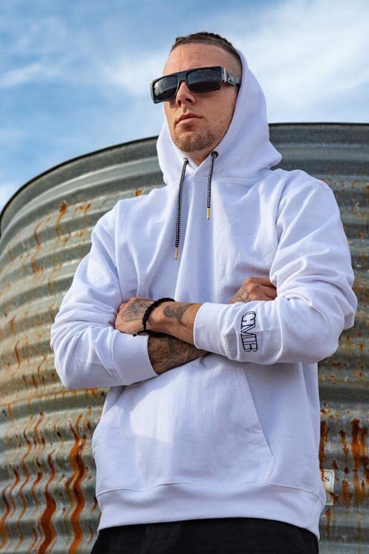 CMB light weight white hoodie strings front