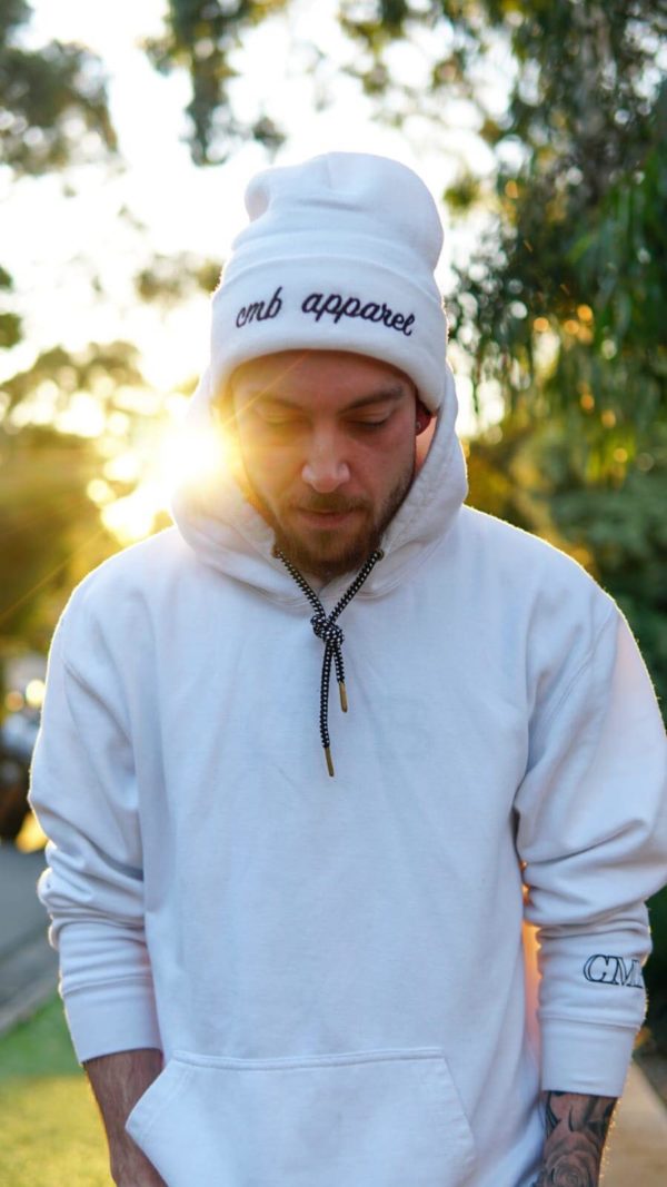 cmb apparel script beanie white male unisex hoodie